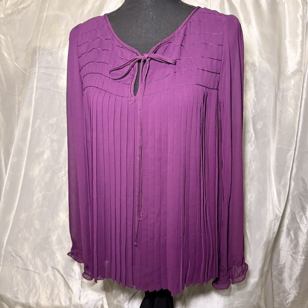 M.S.P.P. Purple Long Sleeved Blouse Tunic Pleated Texture , Size L NWT